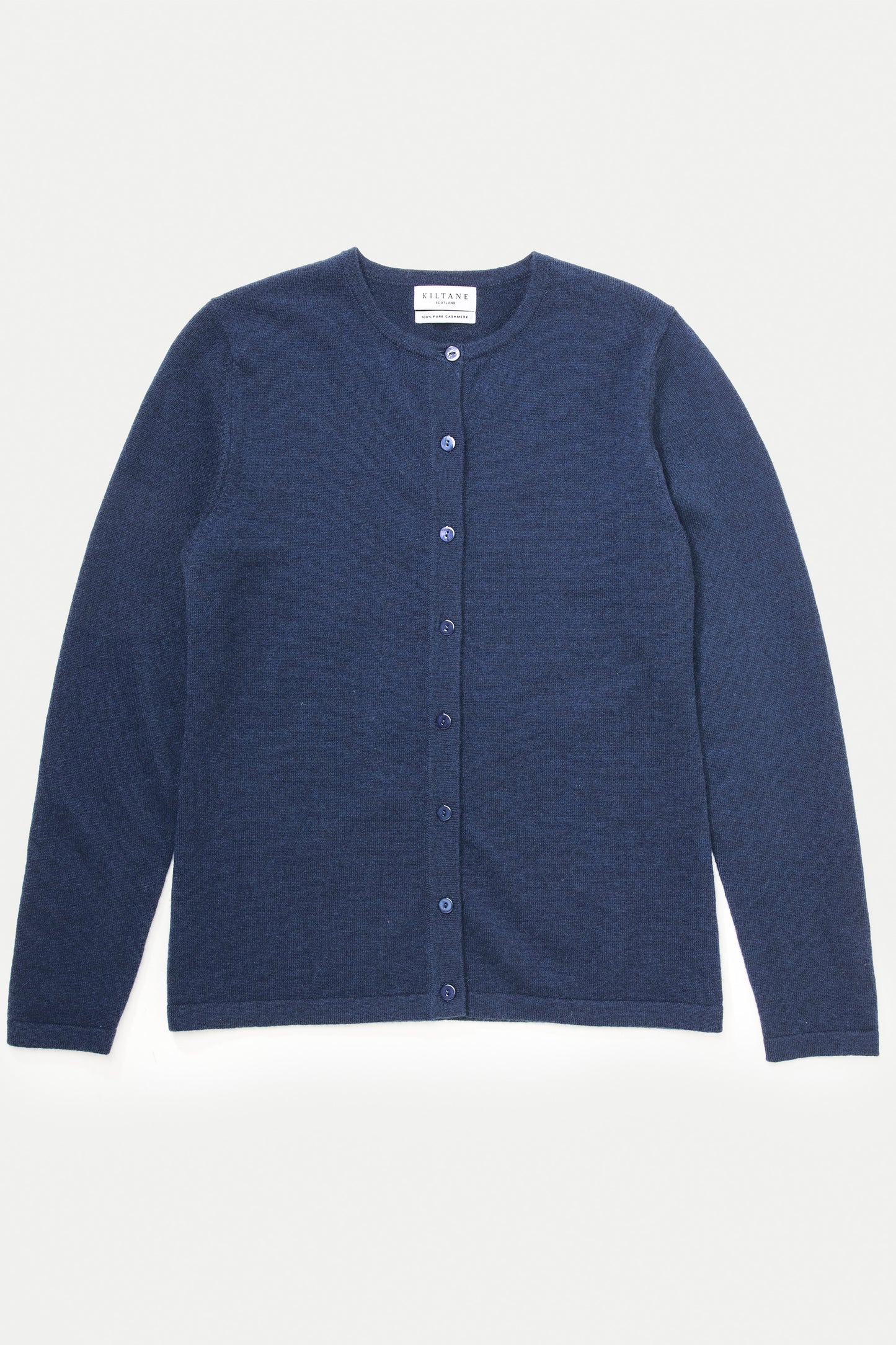 Kiltane Women's Cashmere High Button Cardigan in Cosmos navy blue, flat lay front view showing full button placket