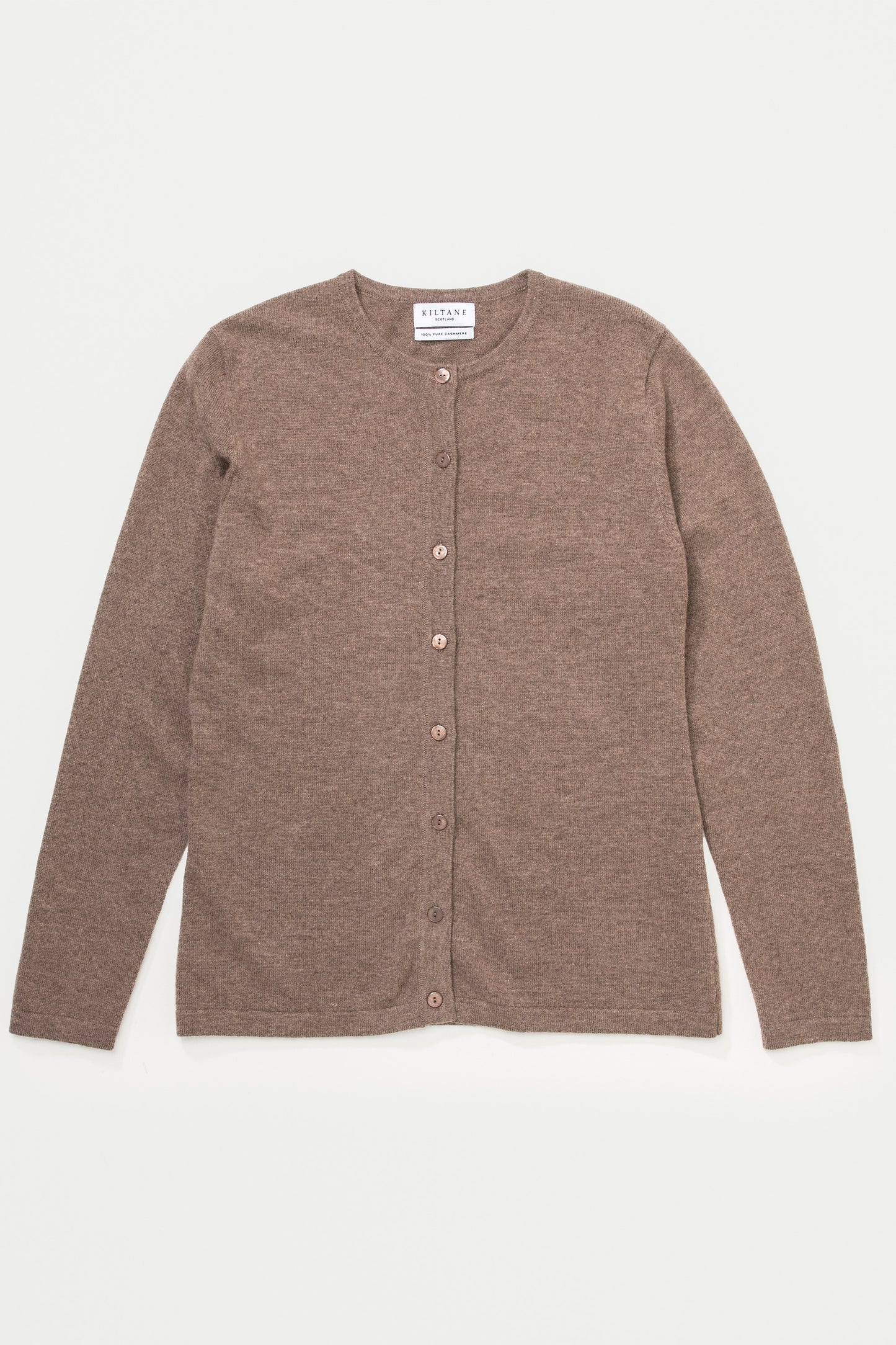 Kiltane Women's Cashmere High Button Cardigan in Squirrel laid flat, showing full front with button placket and crew neck