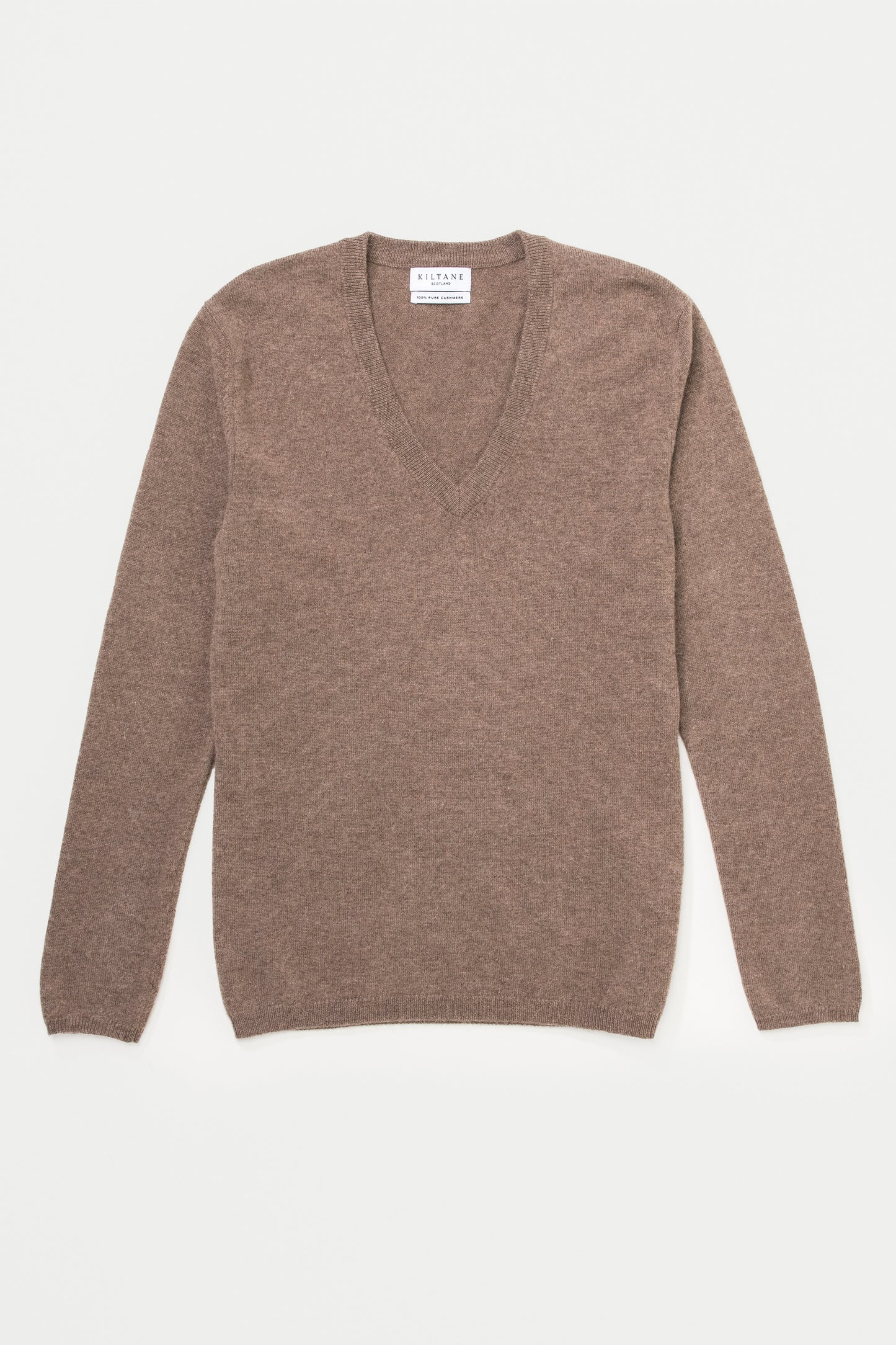 Kiltane Women's Cashmere V Neck Jumper in Squirrel laid flat, showing front view with deep V-neckline and ribbed trim