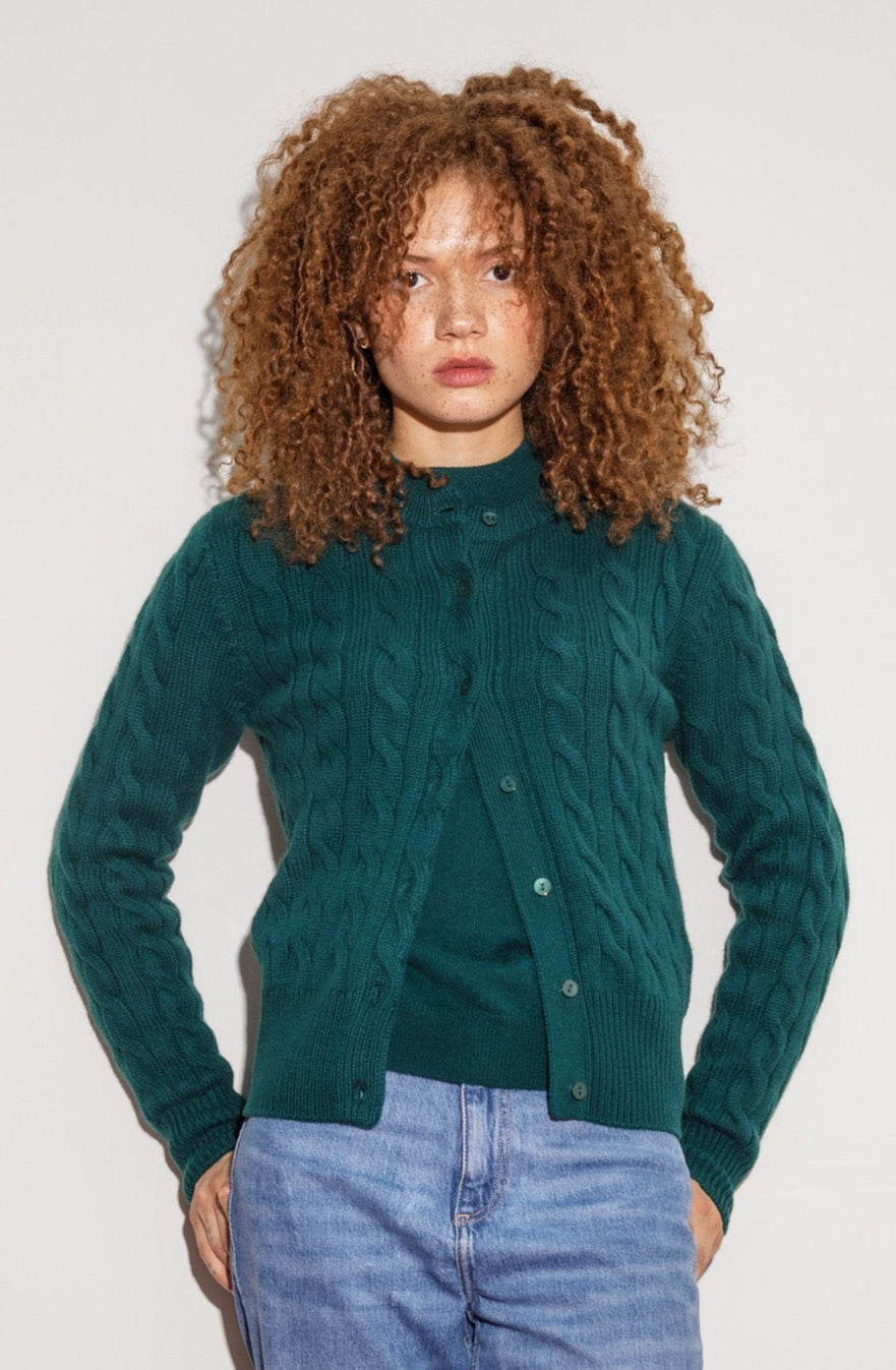 Calton Cable Cashmere Cardigan - Forest Green