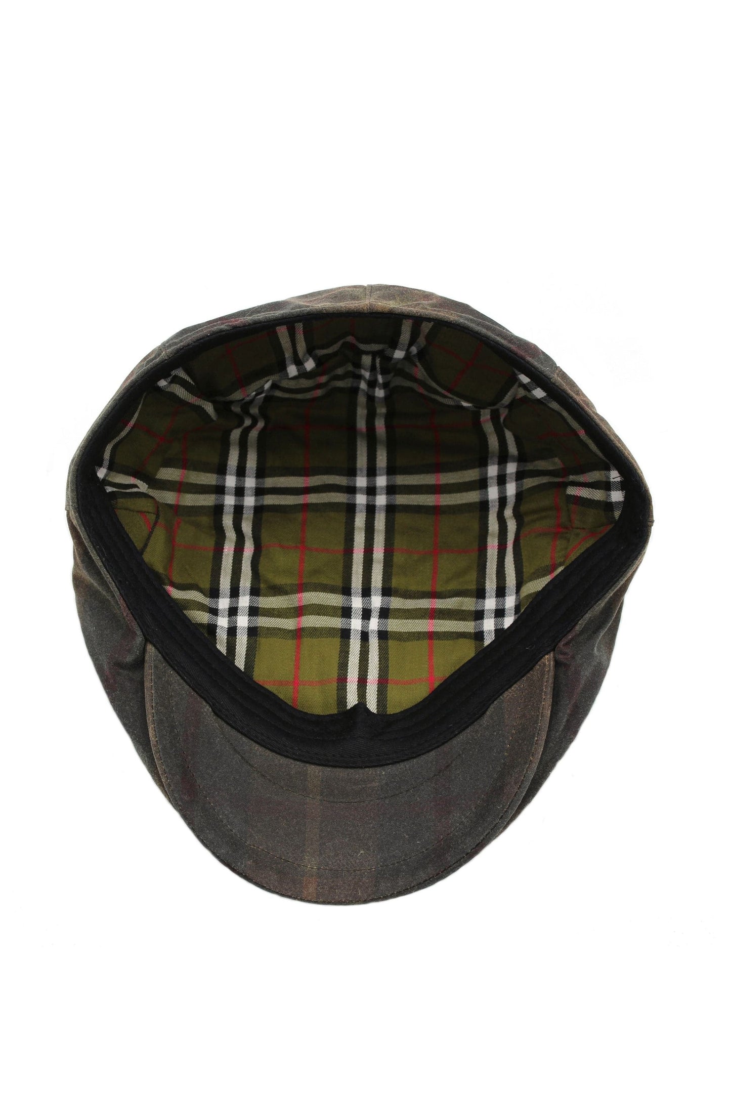 Charles Tartan Wax Flat Cap in Hunter showing interior with olive, red, and white tartan plaid lining and black sweatband