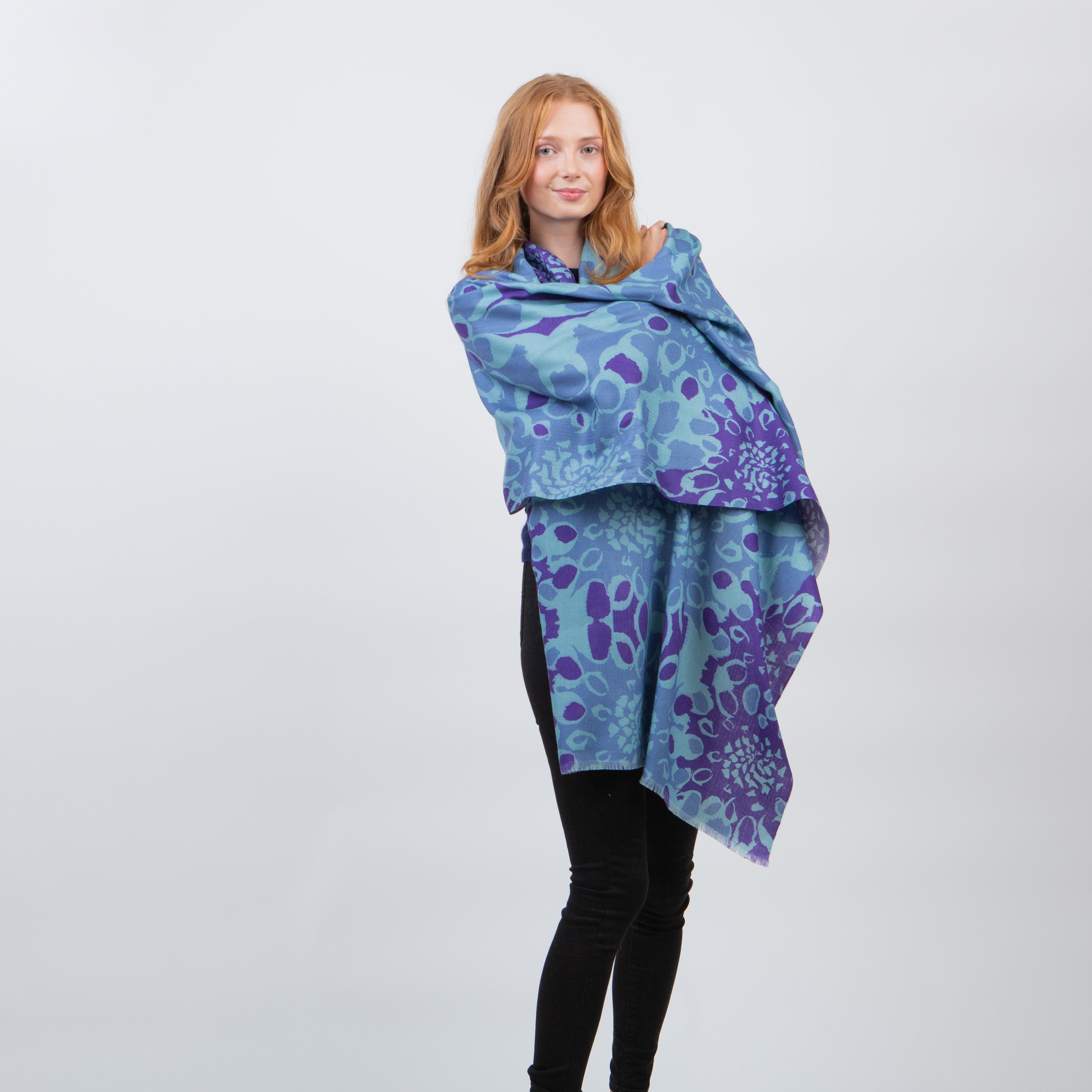 Lambswool and Silk Blend Printed Stole - Denim Enlarged Floral – Kiltane