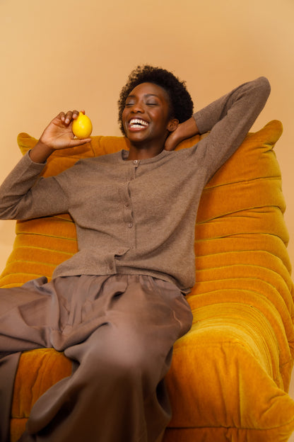 Women's Cashmere High Button Cardigan - Squirrel