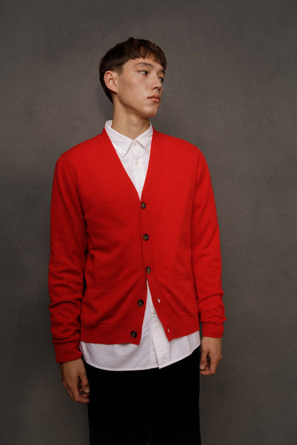 Men’s Cashmere V Neck Cardigan - Red
