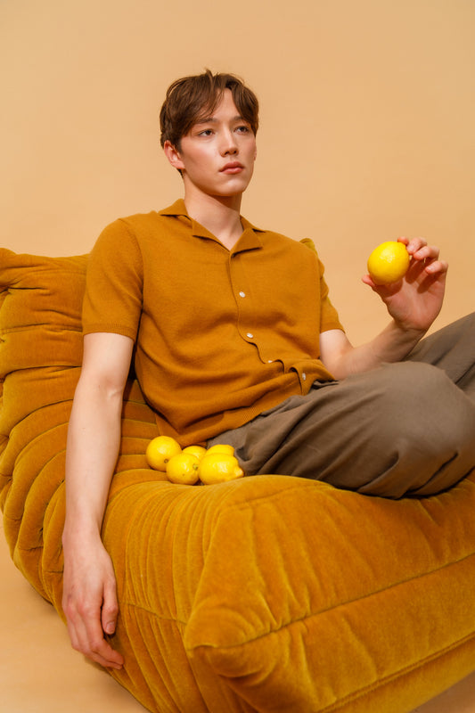 Button Through Cashmere Polo Shirt - Amber Haze