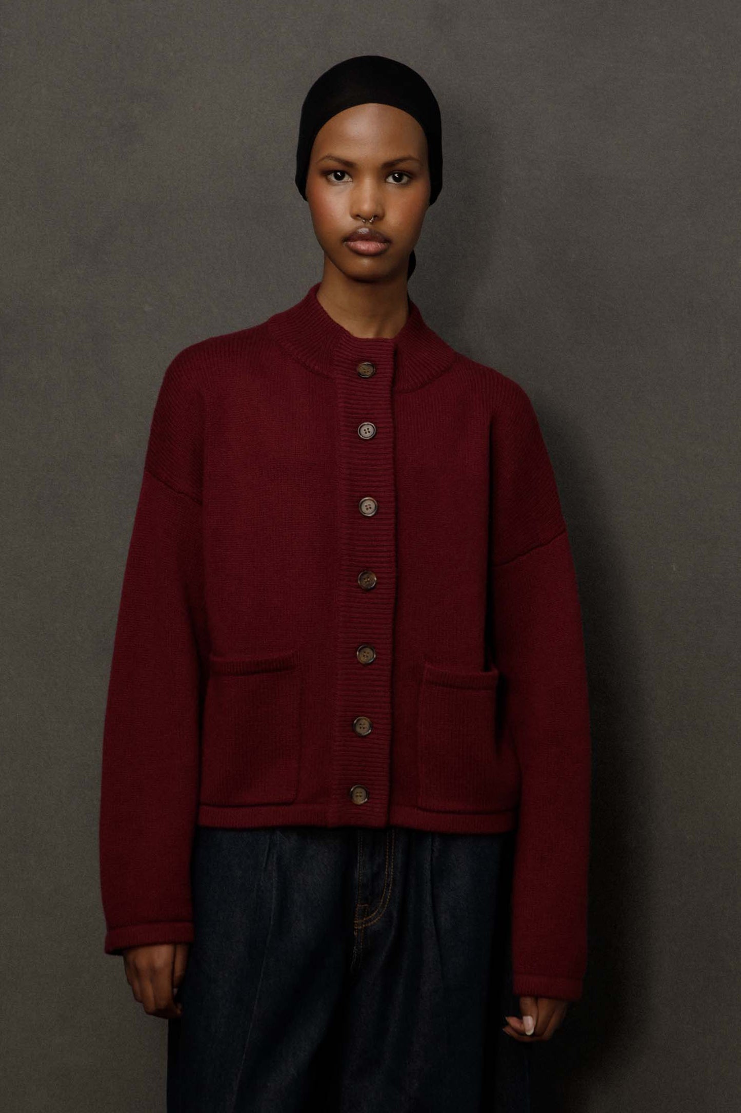 Women’s Cashmere Funnel Neck Cardigan - Burgundy