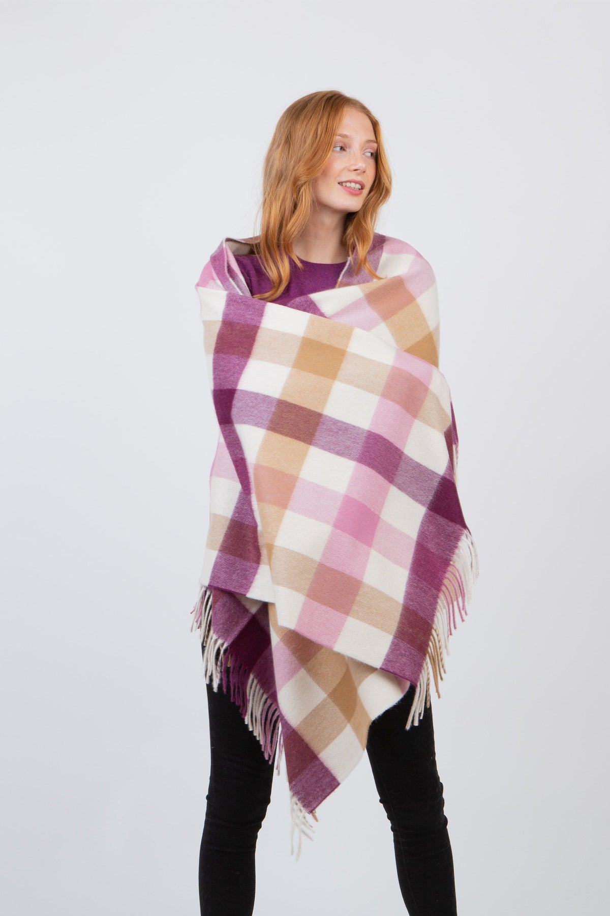 Made In Scotland 5 Square Cashmere Stole in Rhubarb Pink, plaid check pattern in pink, plum, camel and cream with fringed edges