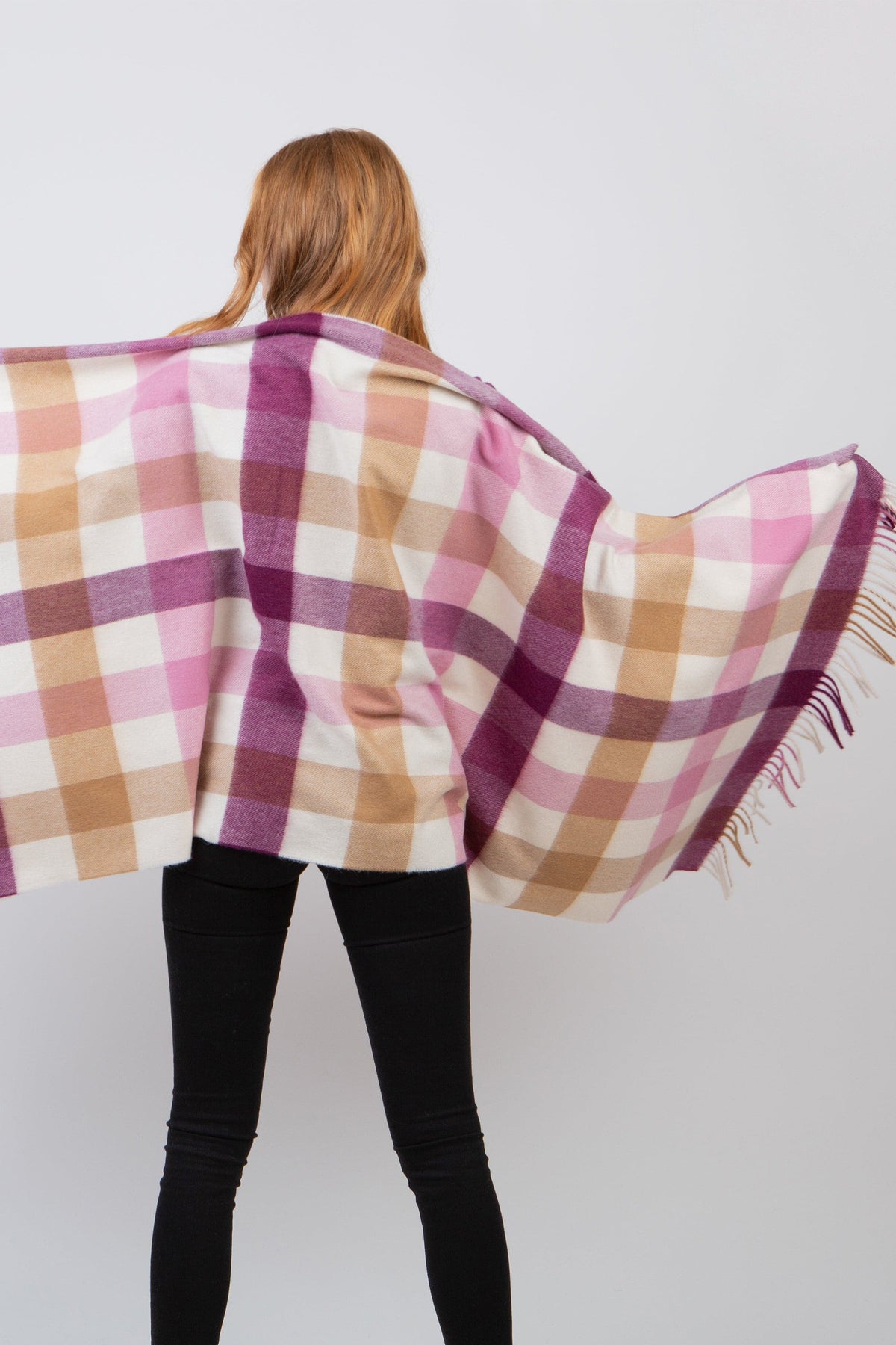 Back view of Made In Scotland 5 Square Cashmere Stole in Rhubarb Pink, draped open to show the full plaid pattern and fringe detail