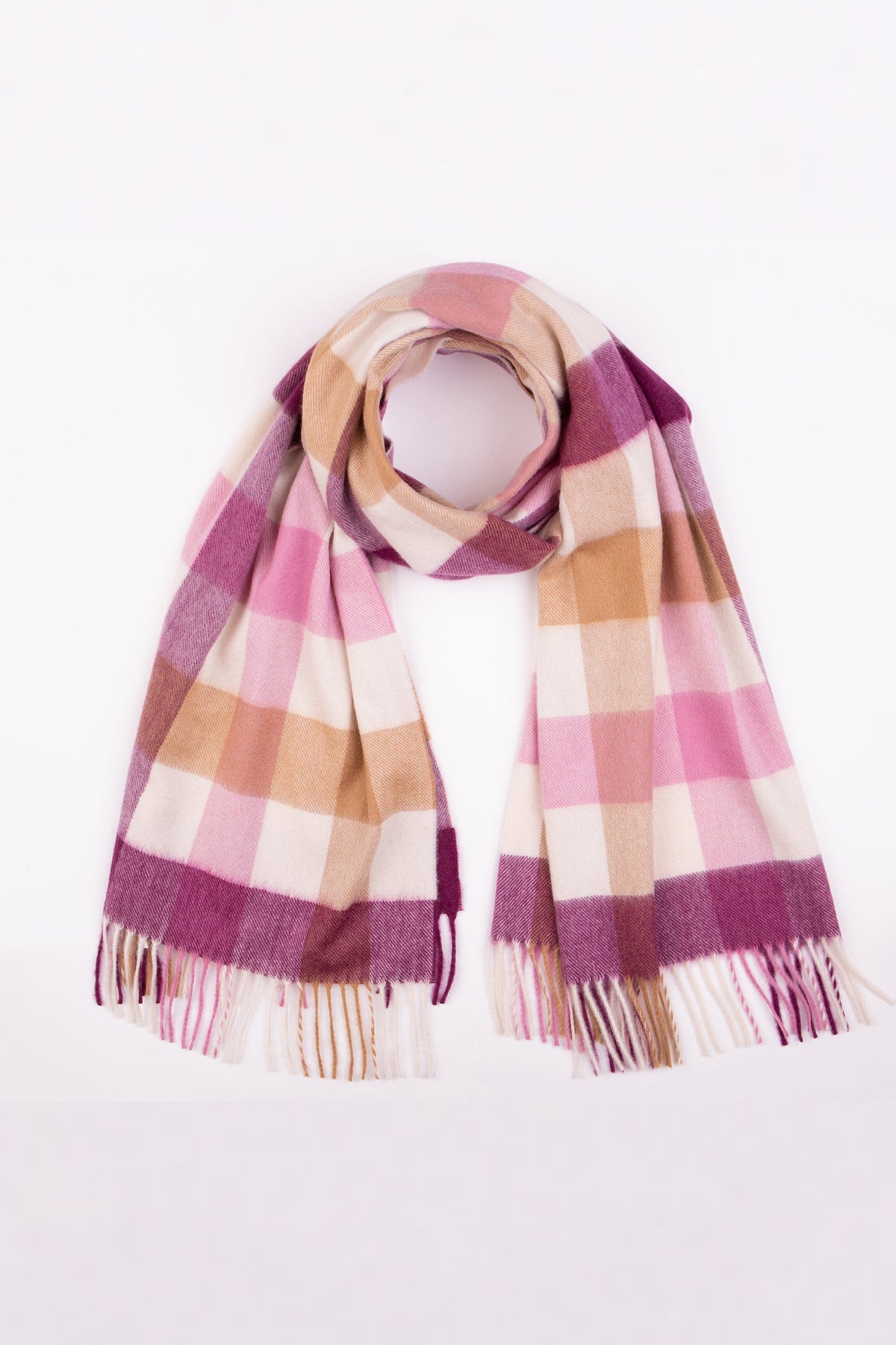 Made In Scotland 5 Square Cashmere Stole in Rhubarb Pink laid flat and looped, showing full check pattern and fringed ends