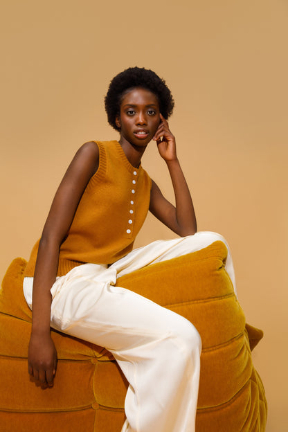 Crew Neck Cashmere Button Vest - Amber Haze