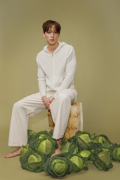 Unisex Cable Zip Cashmere Hoodie - Soft White