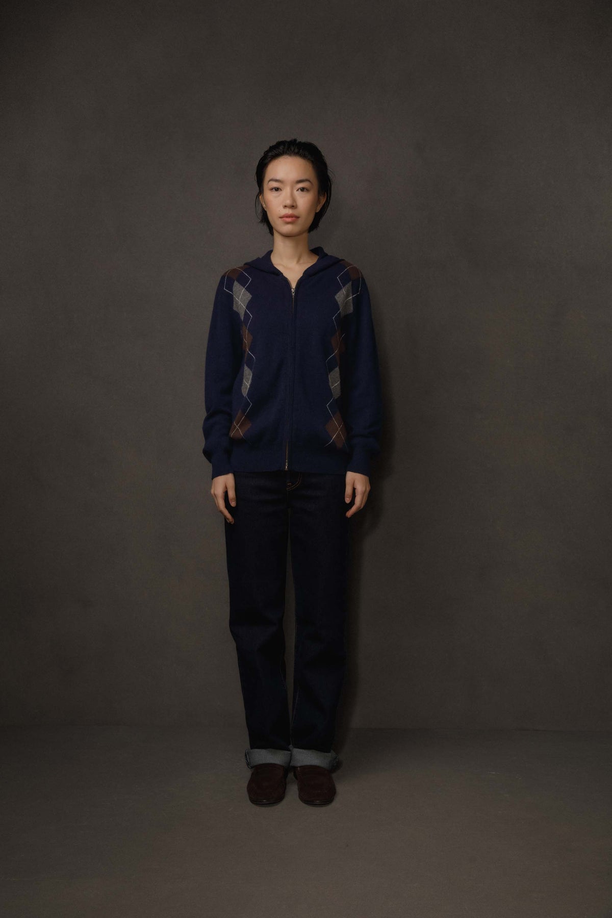 Unisex Argyle Cashmere Zip Hoodie - Navy