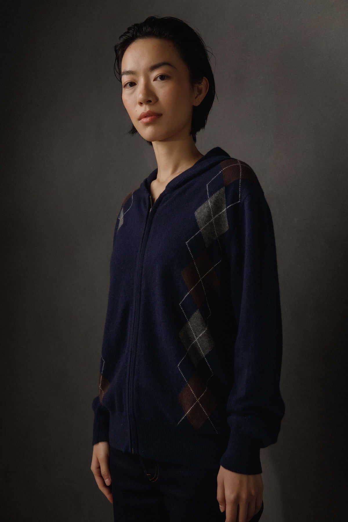 Unisex Argyle Cashmere Zip Hoodie - Navy