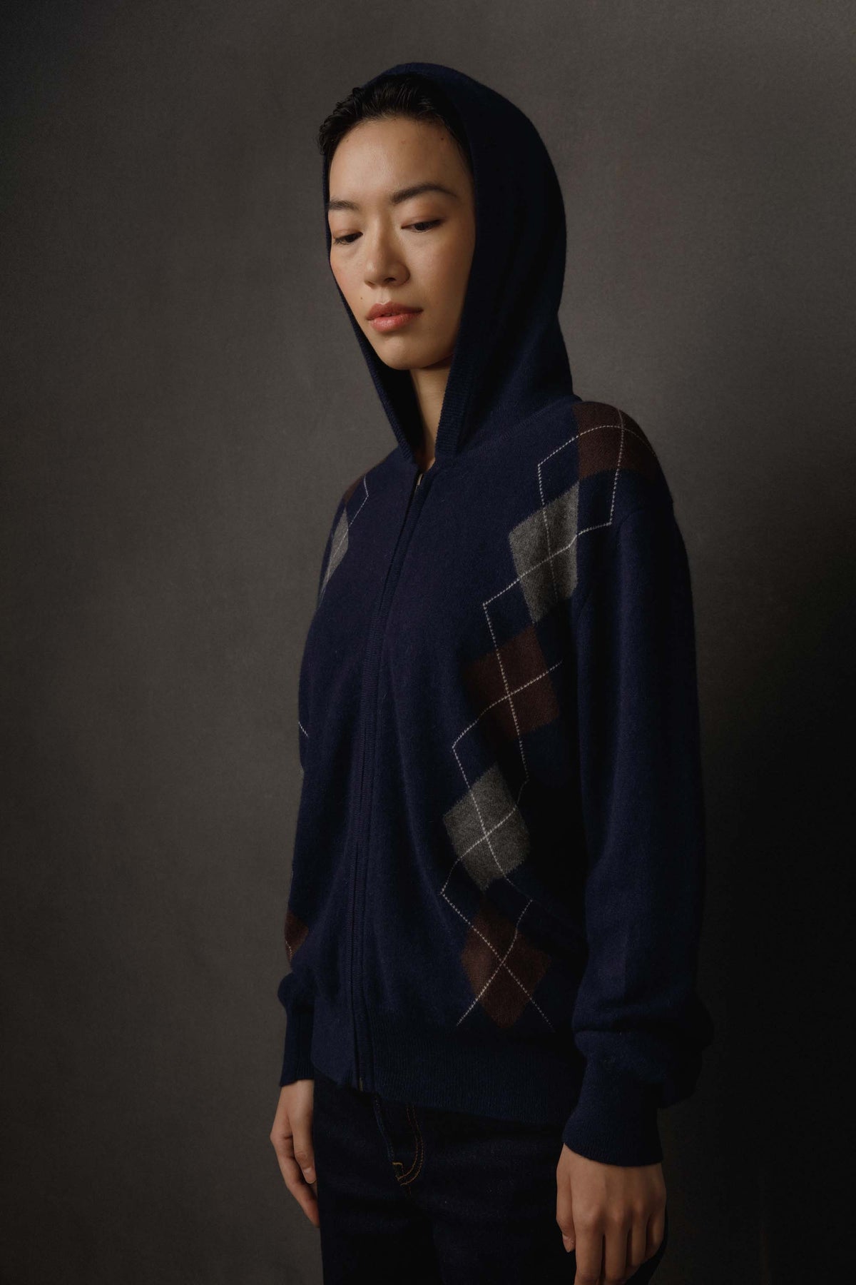 Unisex Argyle Cashmere Zip Hoodie - Navy