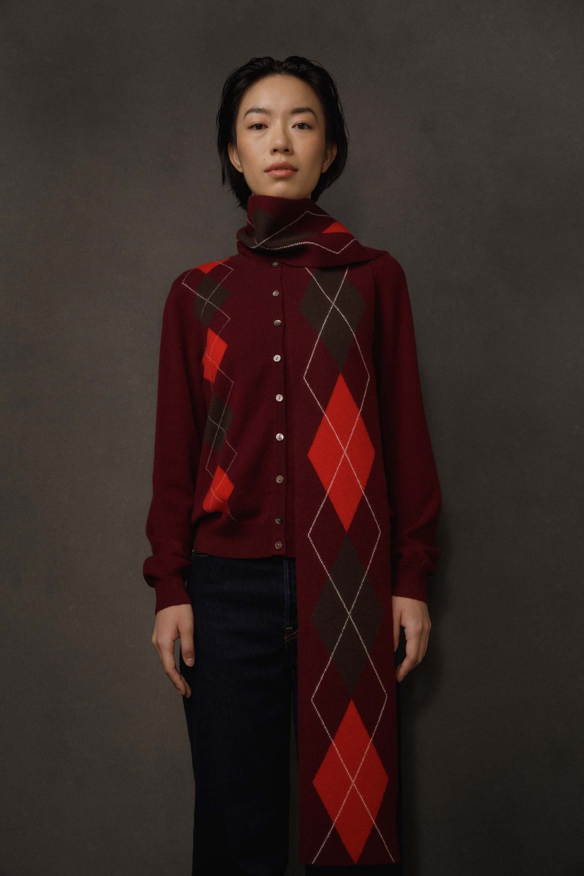 Argyle Skinny Cashmere Scarf - Burgundy