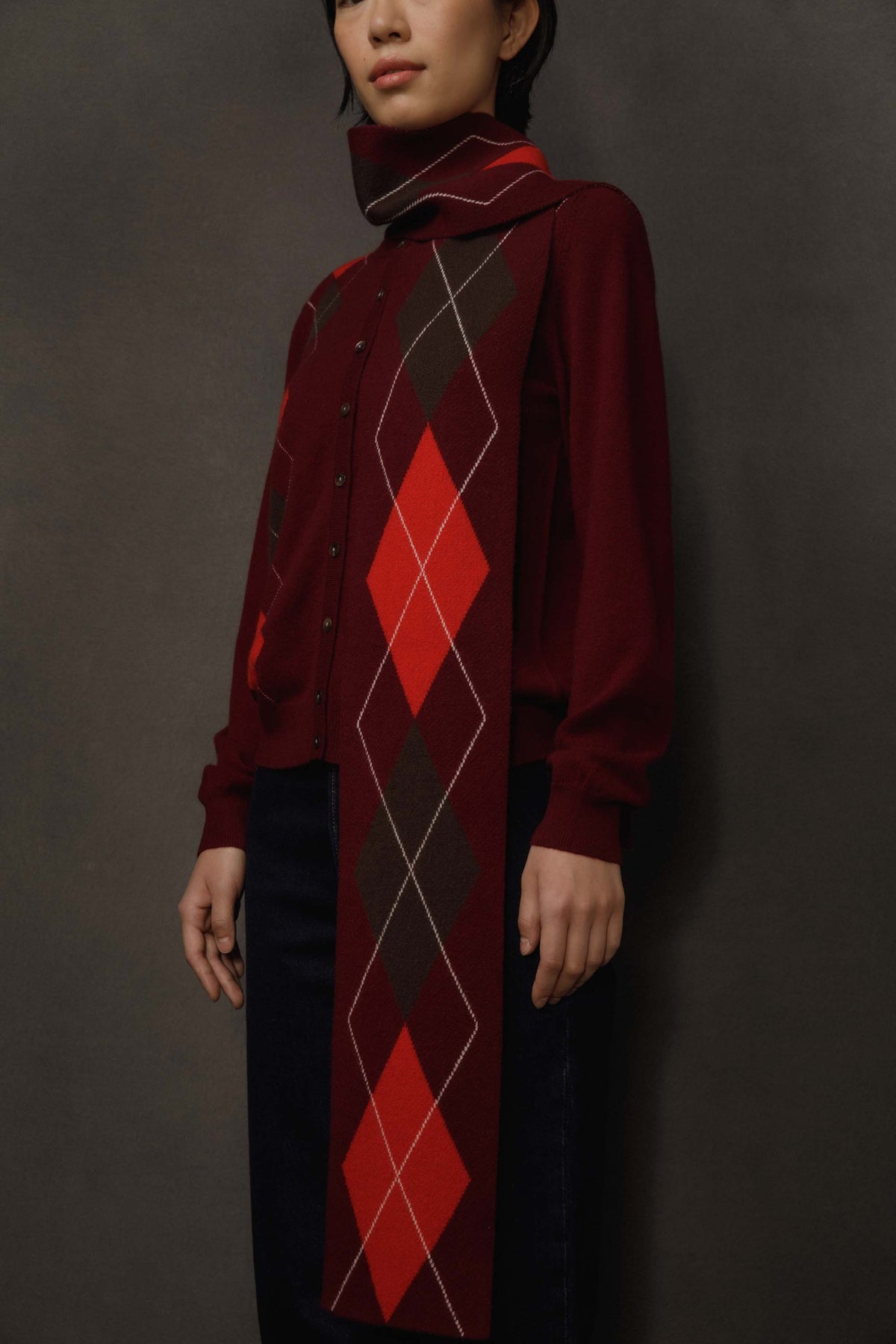 Argyle Skinny Cashmere Scarf - Burgundy