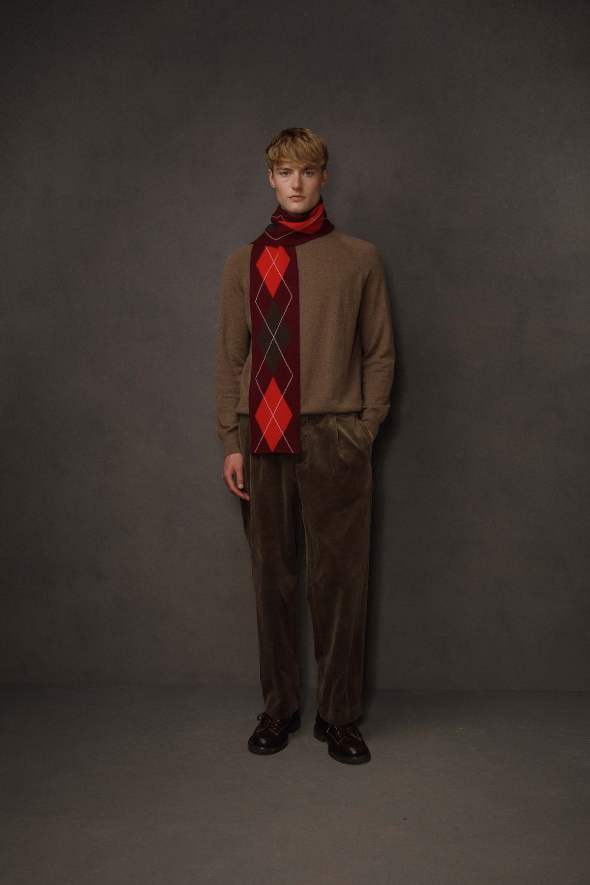 Argyle Skinny Cashmere Scarf - Burgundy