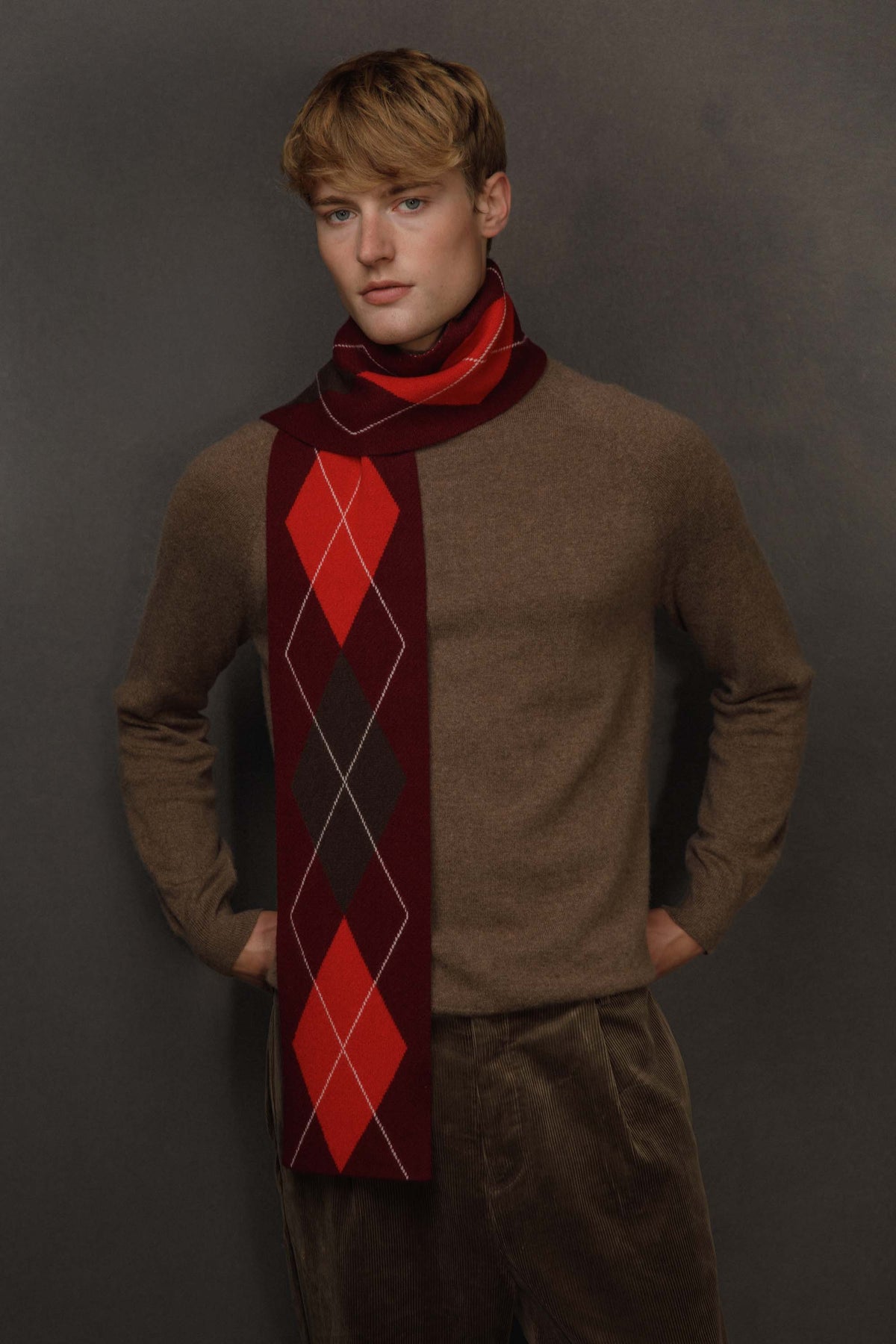 Argyle Skinny Cashmere Scarf - Burgundy
