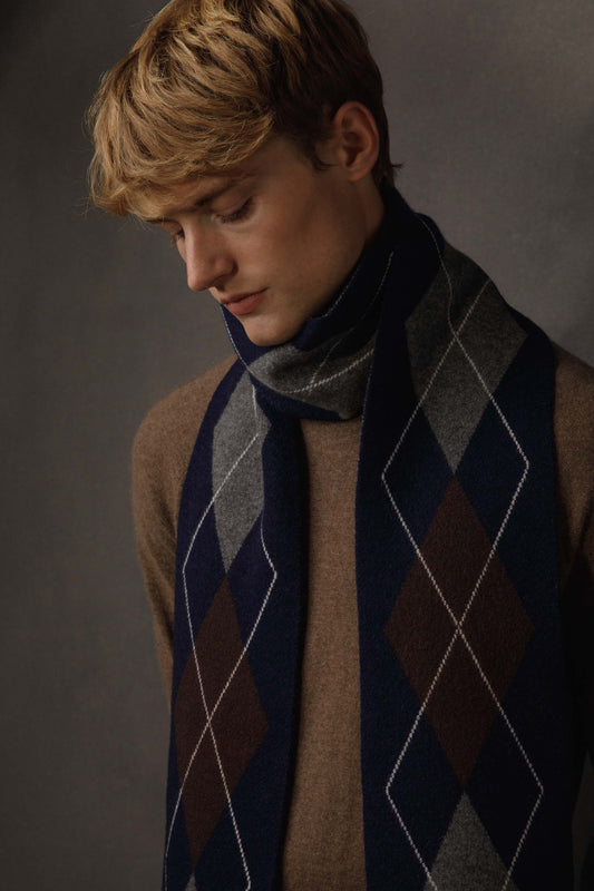 Argyle Skinny Cashmere Scarf- Navy