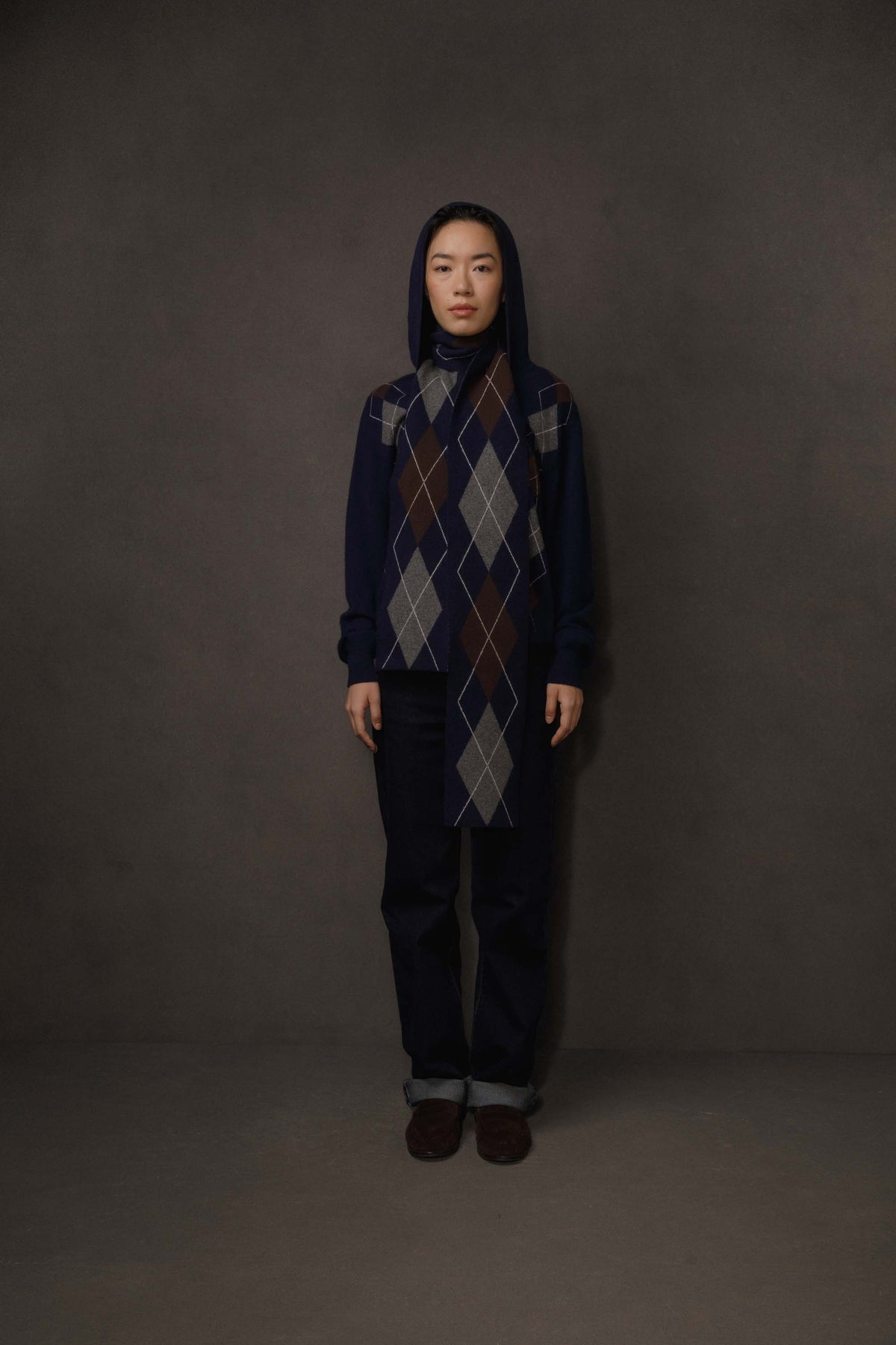 Argyle Skinny Cashmere Scarf- Navy