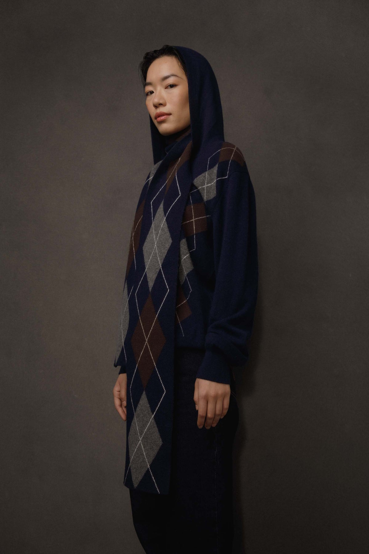 Argyle Skinny Cashmere Scarf- Navy