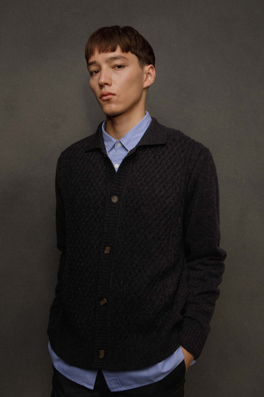 Men’s Aran Cashmere Cardigan - Charcoal