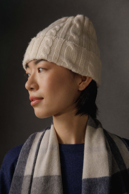 Cashmere Cable Beanie - Cream