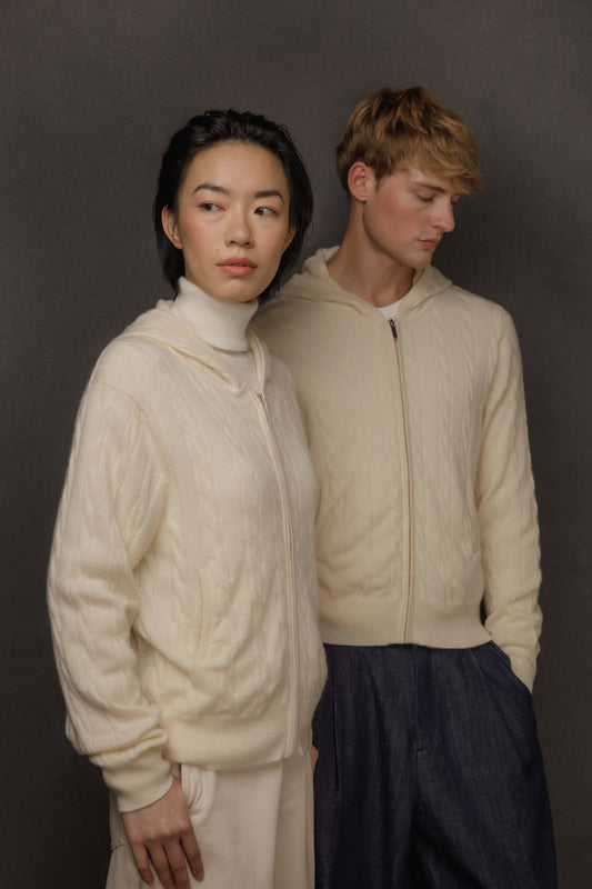 Unisex Cable Cashmere Zip Hoodie - Cream