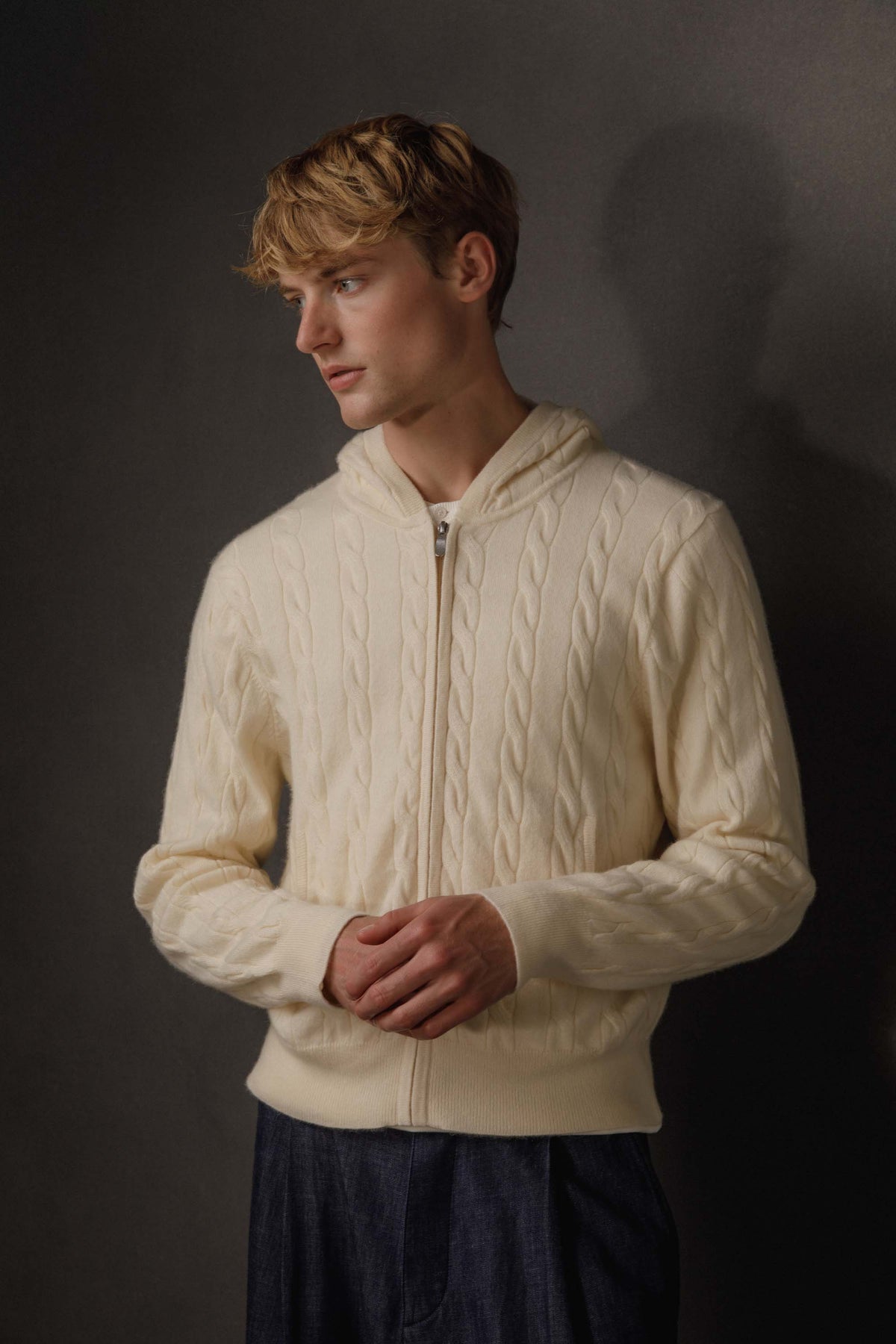 Unisex Cable Cashmere Zip Hoodie - Cream