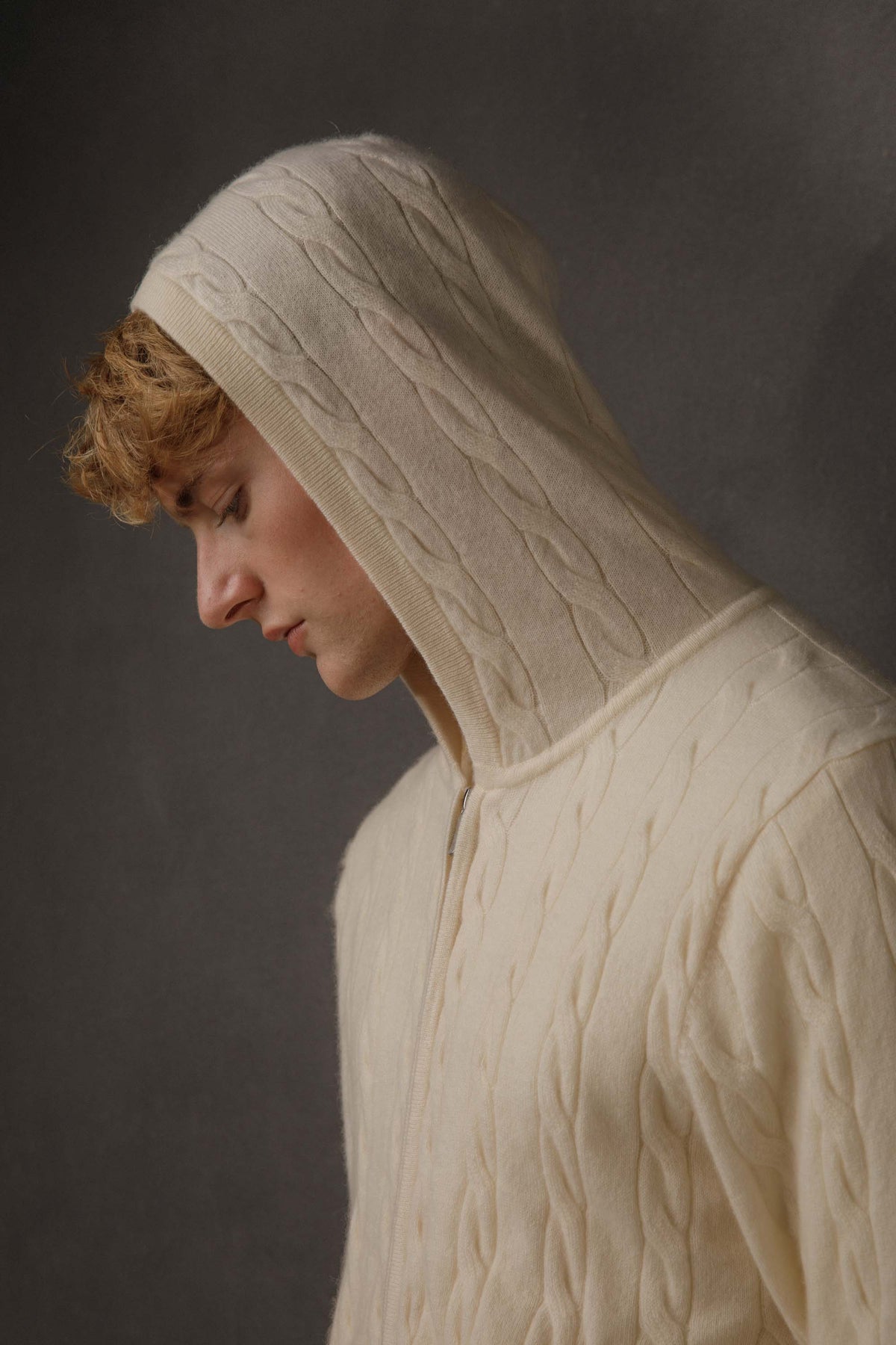 Unisex Cable Cashmere Zip Hoodie - Cream