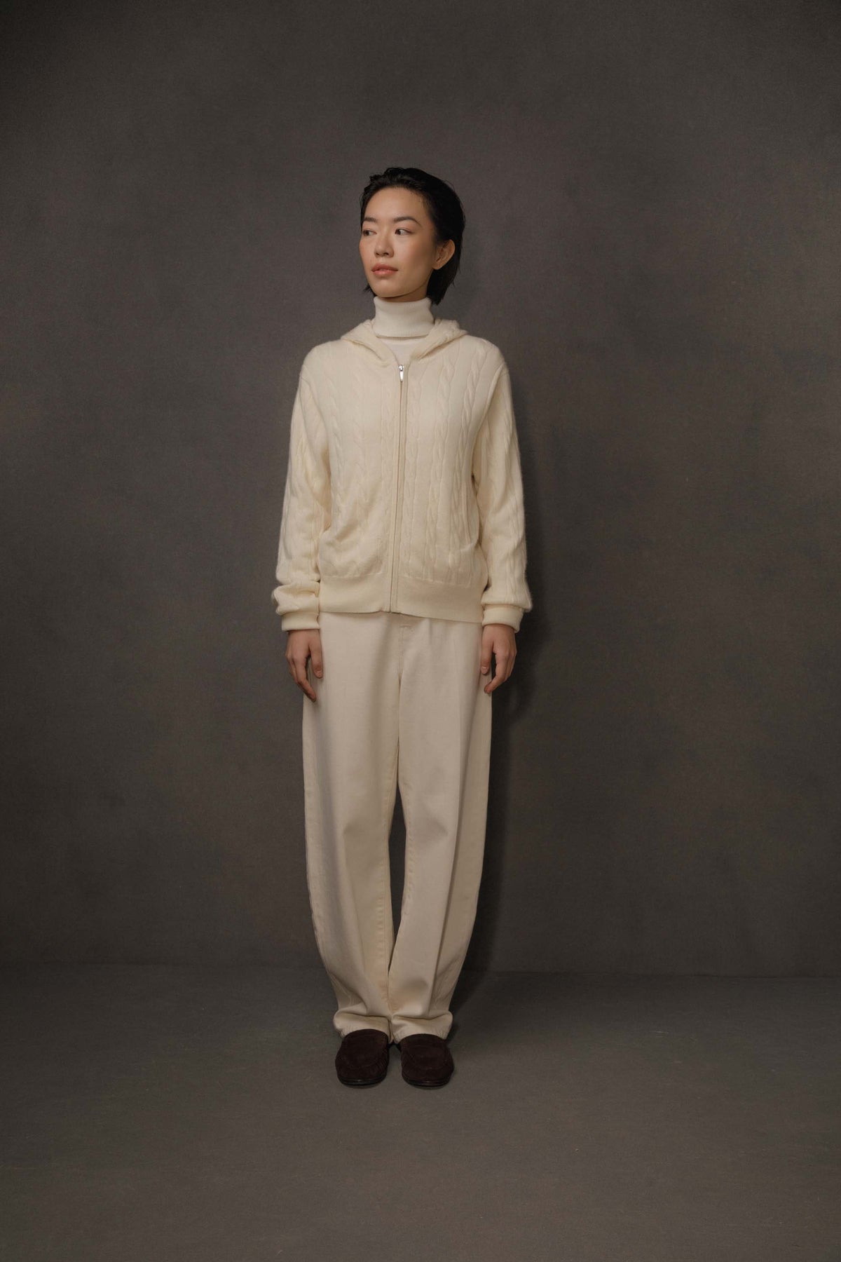 Unisex Cable Cashmere Zip Hoodie - Cream