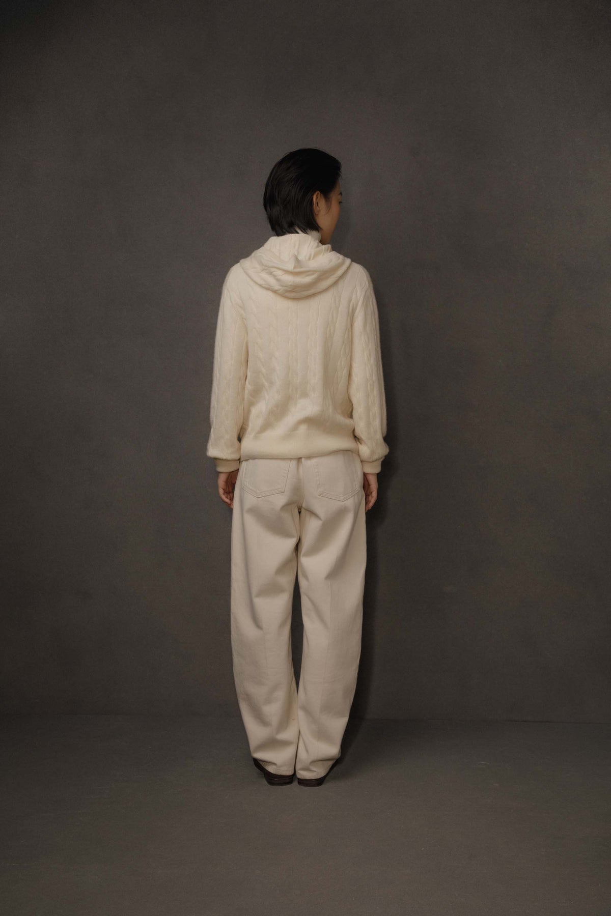 Unisex Cable Cashmere Zip Hoodie - Cream