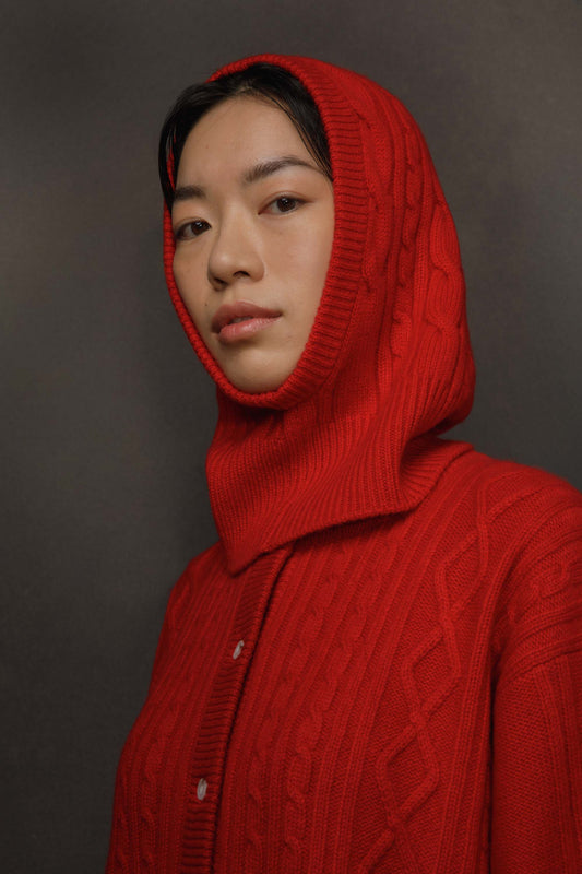Cable Cashmere Hood - Red