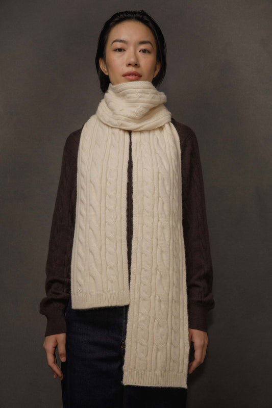 Cable Skinny Cashmere Scarf - Cream
