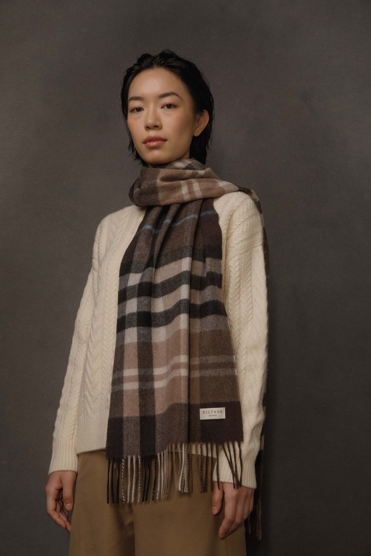 House Check Cashmere Wide Scarf - Brown