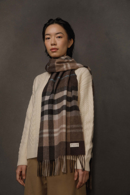 House Check Cashmere Wide Scarf - Brown