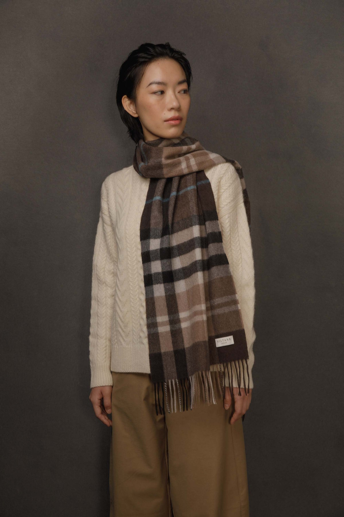 House Check Cashmere Wide Scarf - Brown