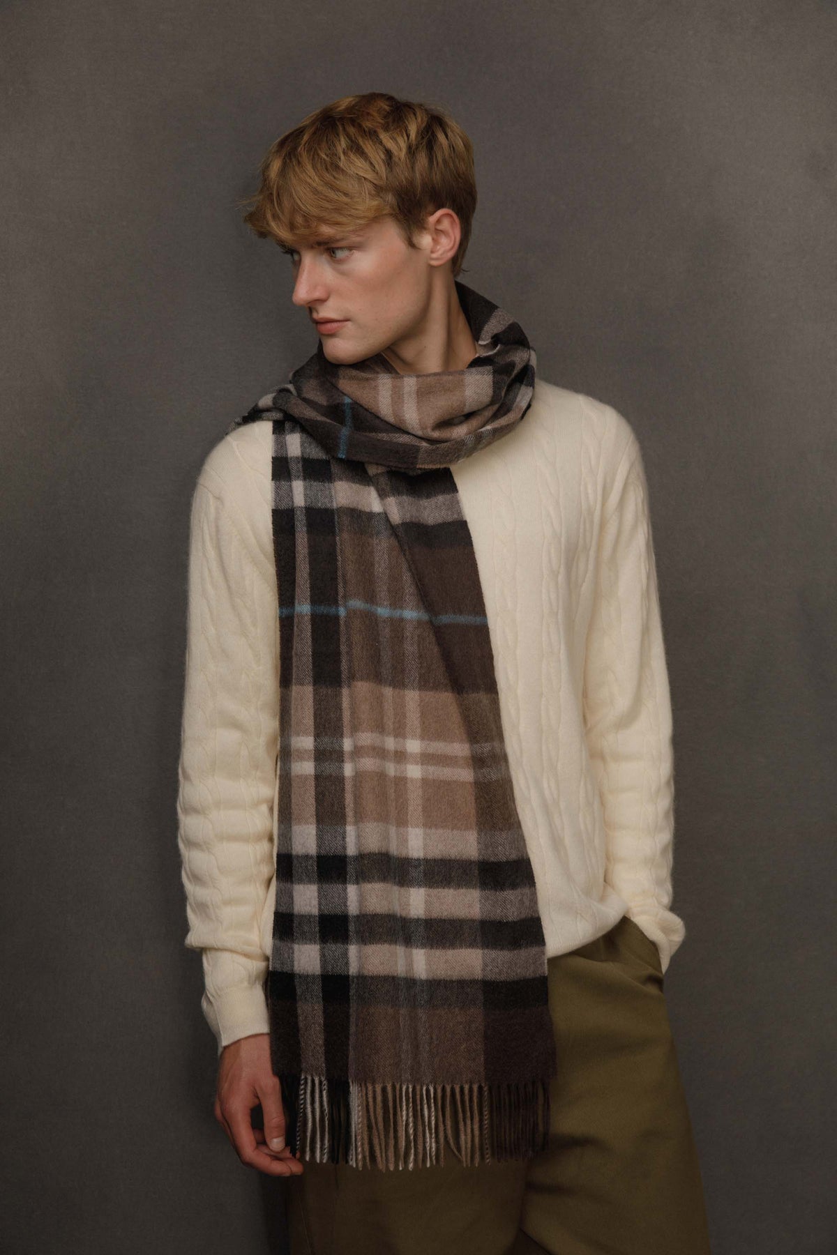 House Check Cashmere Wide Scarf - Brown