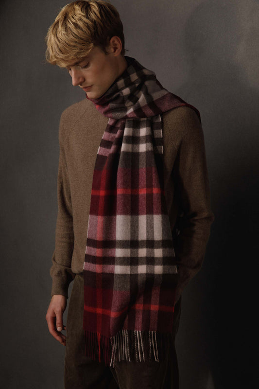 House Check Cashmere Wide Scarf - Burgundy