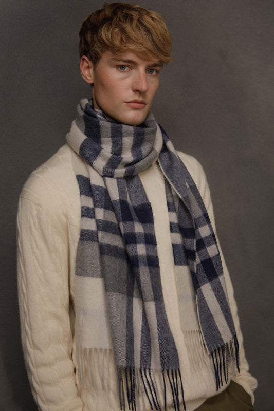 House Check Cashmere Wide Scarf - Navy