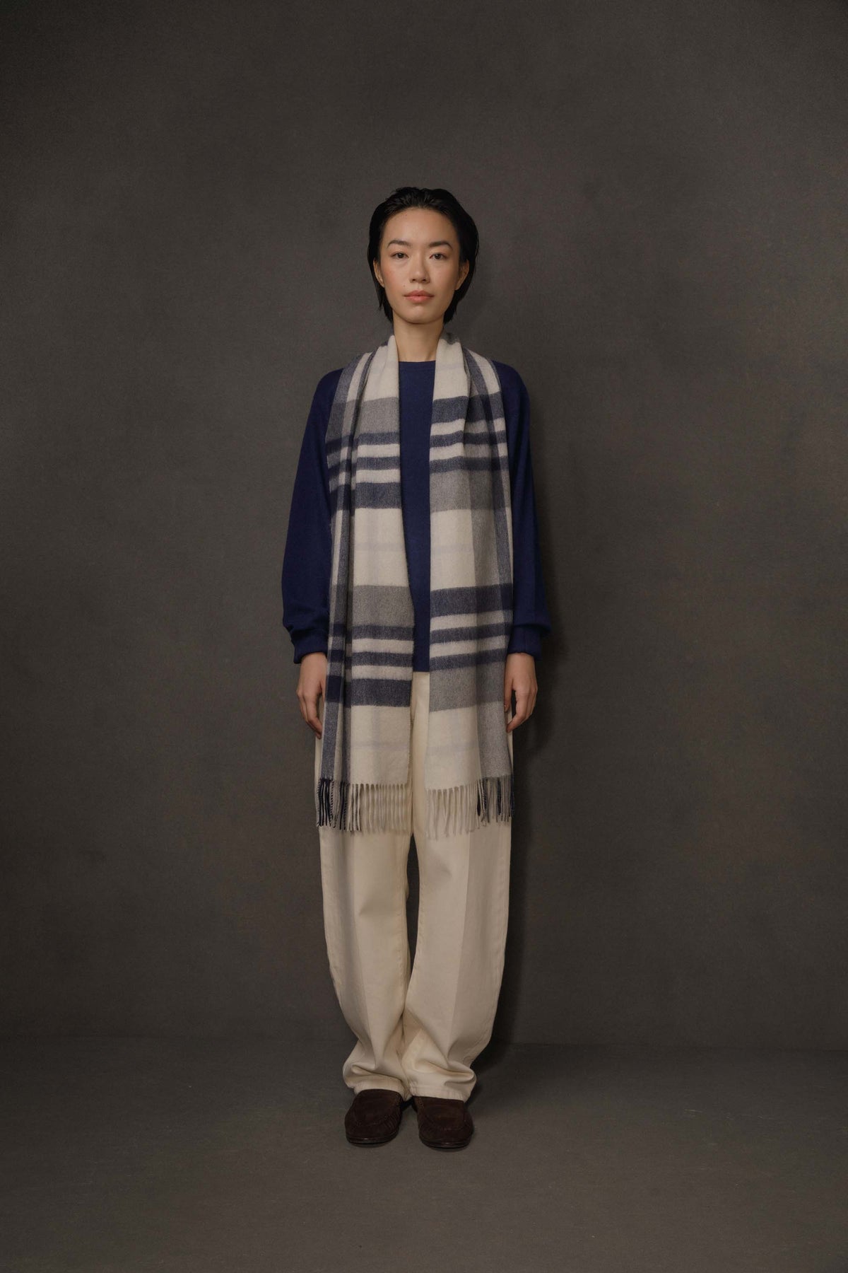 House Check Cashmere Wide Scarf - Navy