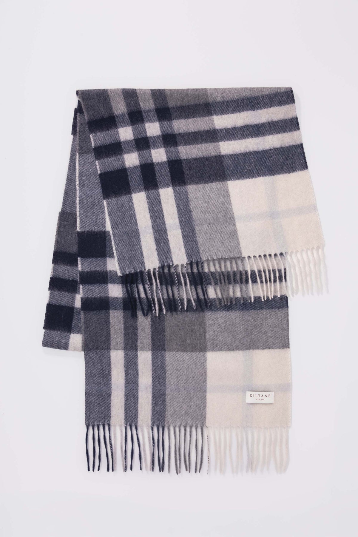 House Check Cashmere Wide Scarf - Navy