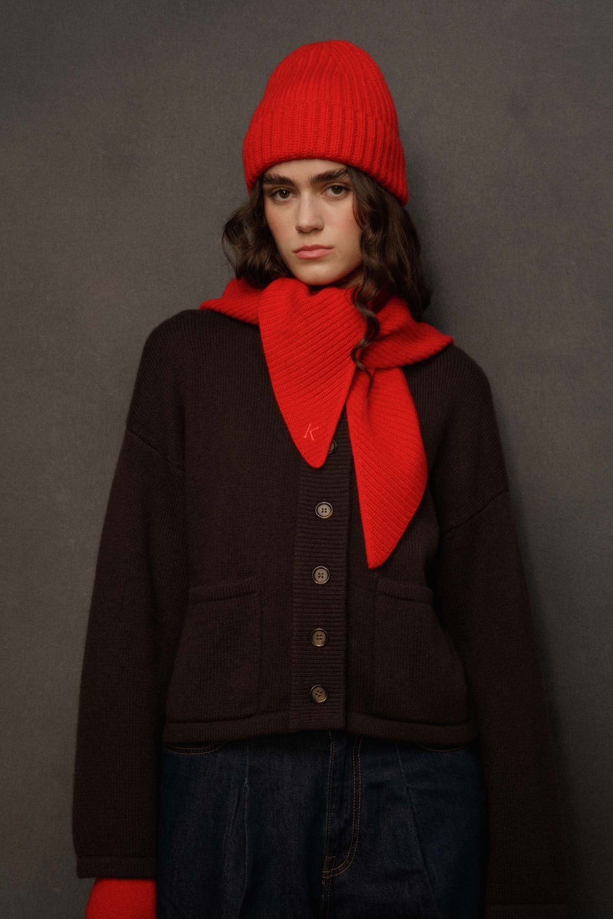 Triangle Knitted Cashmere Scarf - Red