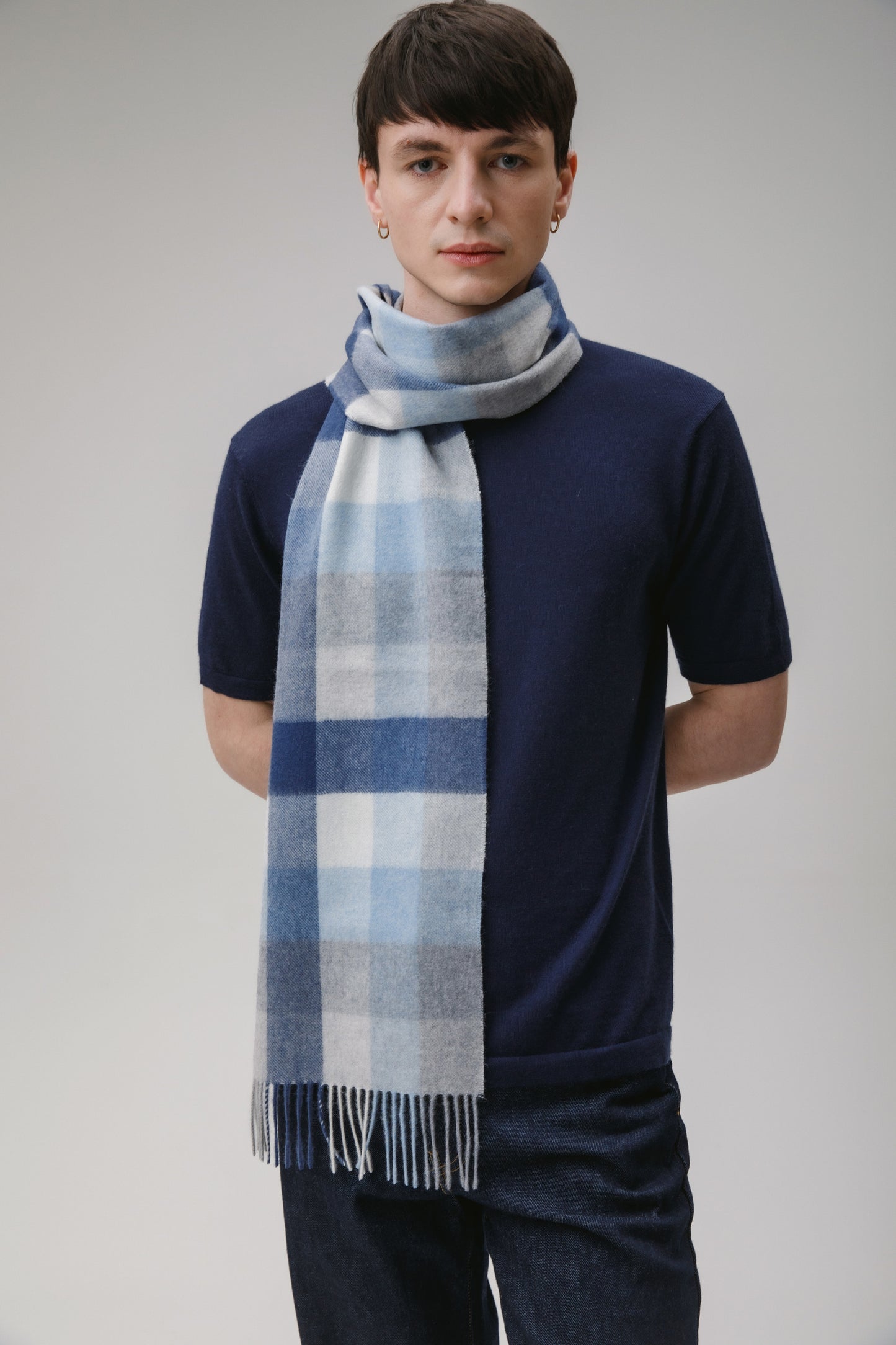 5 Square Check Cashmere Scarf - Glacier