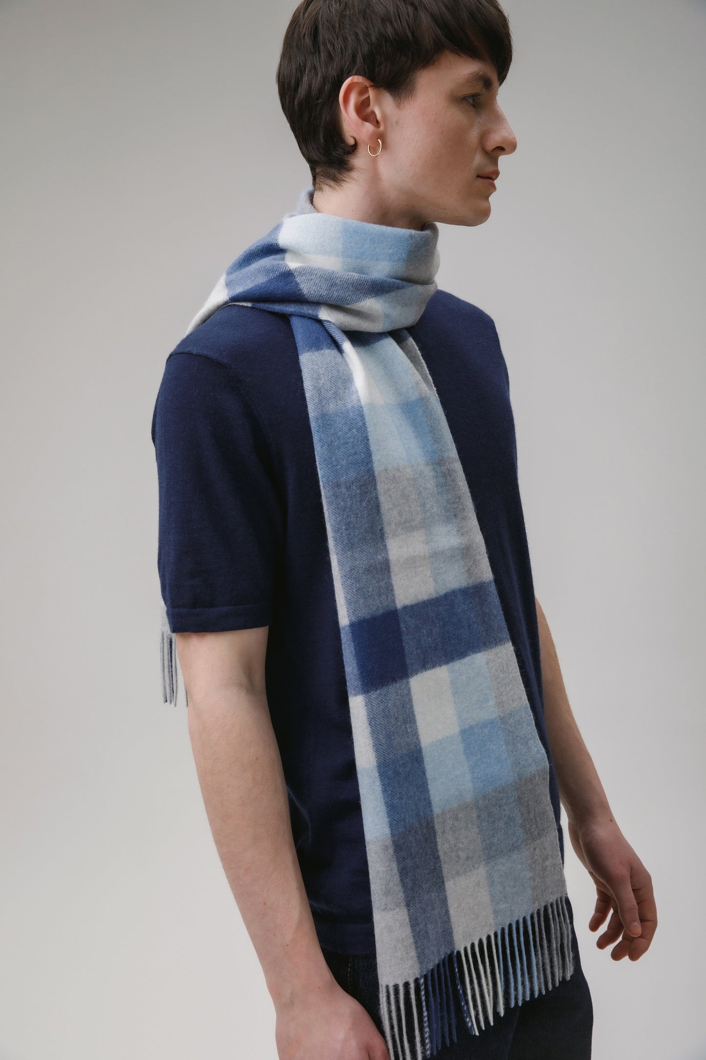5 Square Check Cashmere Scarf - Glacier