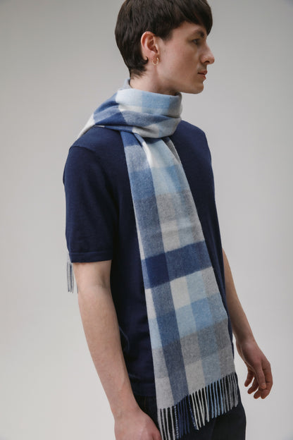 5 Square Check Cashmere Scarf - Glacier