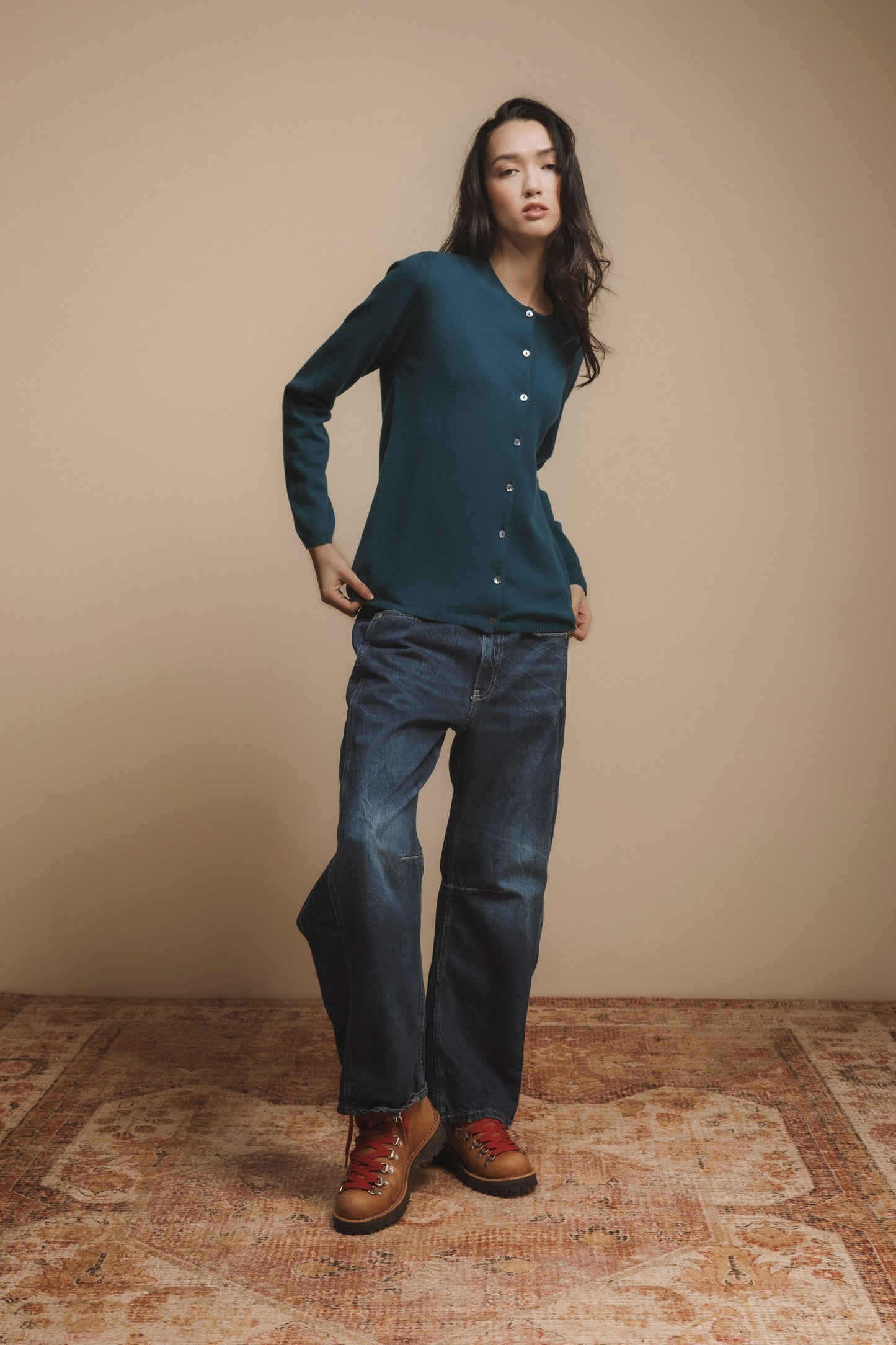 Made in Scotland Charlotte Cashmere High Button Cardigan - Petrol Blue