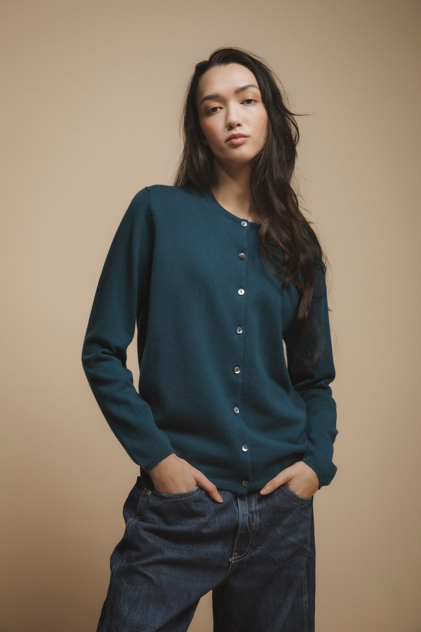 Made in Scotland Charlotte Cashmere High Button Cardigan - Petrol Blue