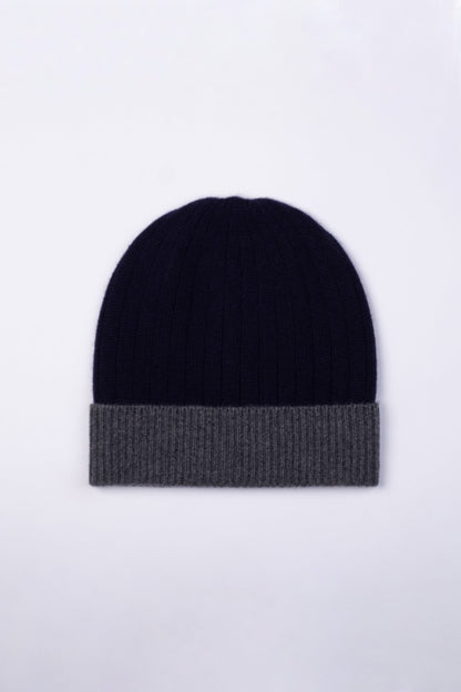Unisex Cashmere Colour Block Ribbed Beanie Hat - Uniform Grey