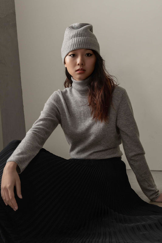 Women's Cashmere Polo Neck Jumper - Light Grey